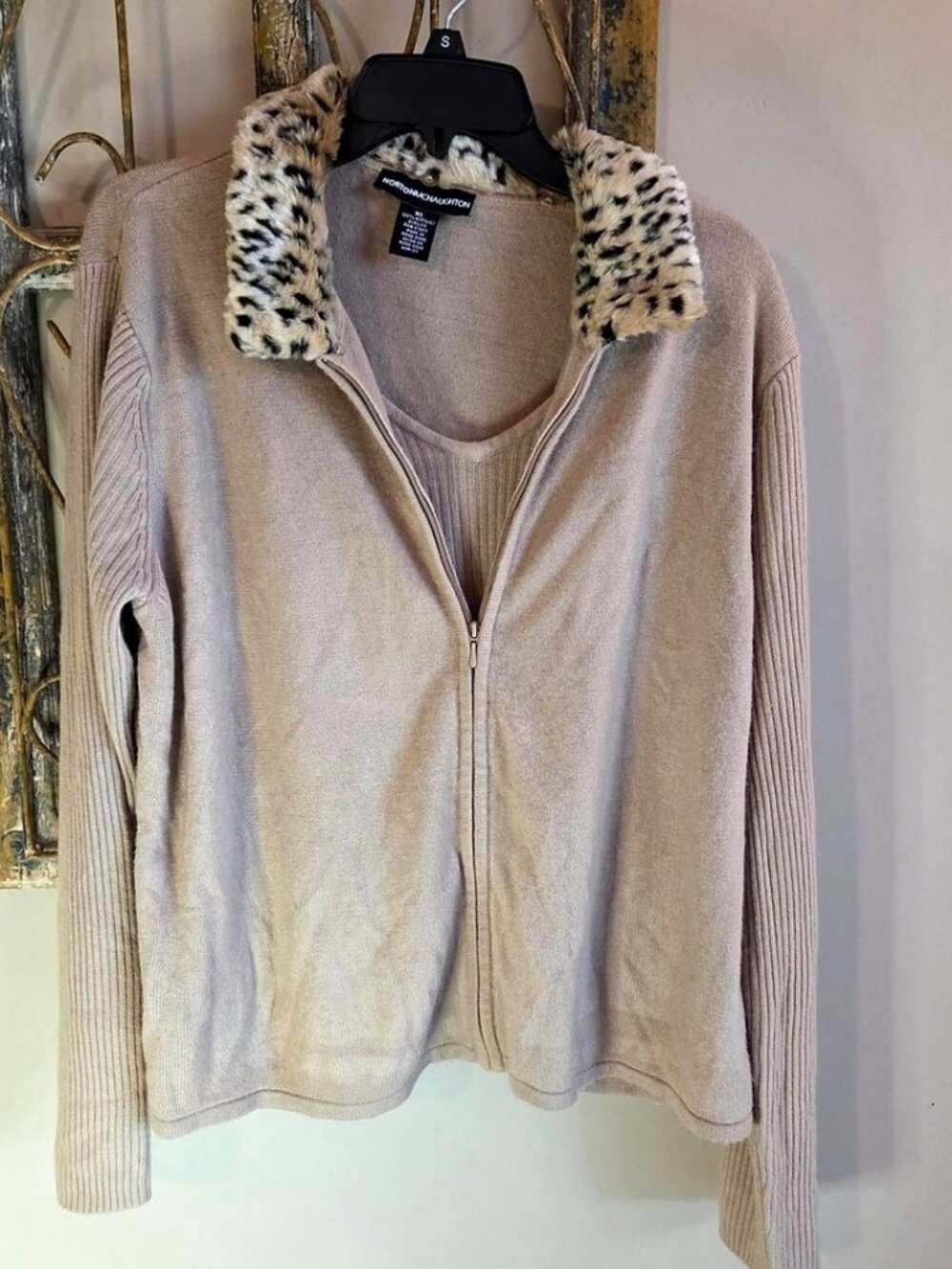 Norton McNaughton Twinset Zip Cardigan & Top Tan Leopard Collar Size XL